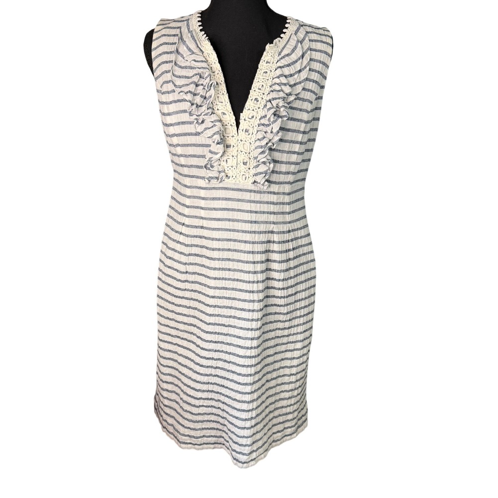 Nine West Blue White Striped Crochet Trim Dress Yacht Coastal Preppy Size 6